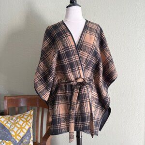 size S/M Rachel Roy Plaid Kimono-Style Belted Cape Poncho Open Front & Short Sle